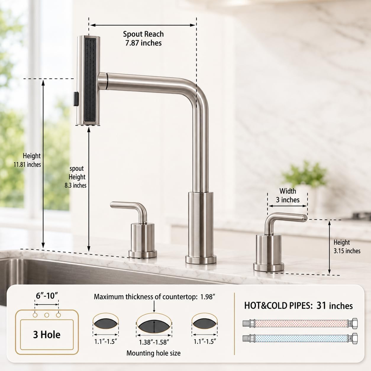 3-Hole Kitchen Sink Faucet wit - Pull Down Spray Kitchen Faucet Brushed Nickel review and price